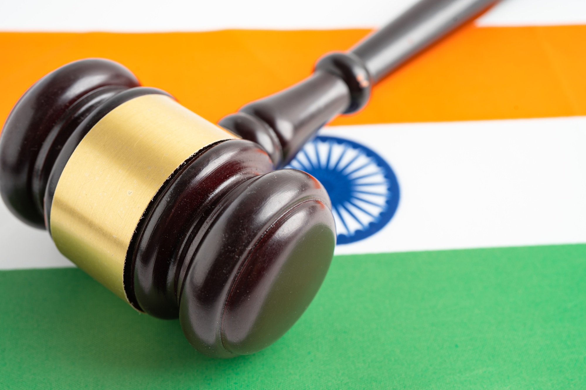 India flag with judge hammer, Law and justice court.